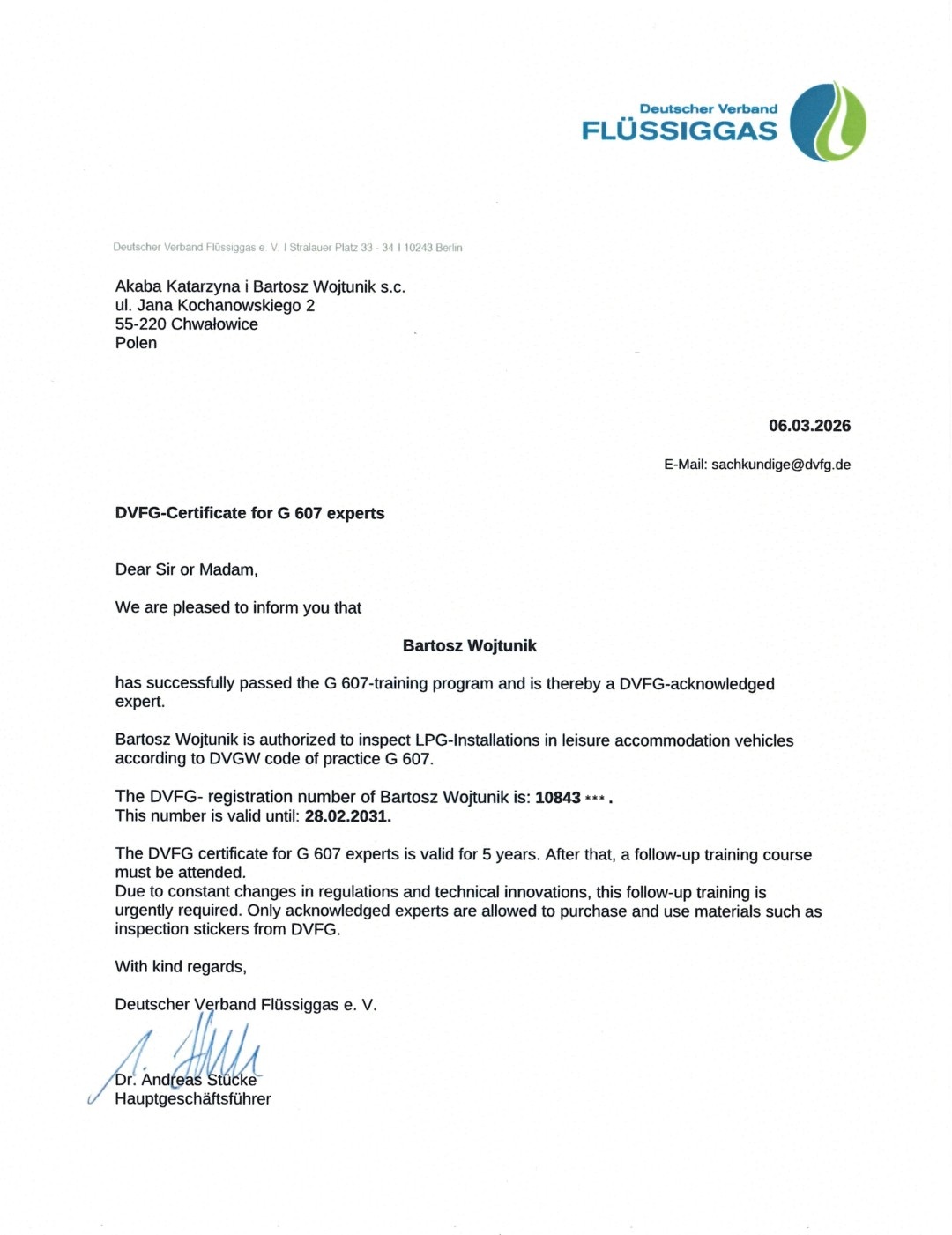 Certyfikat eksperta G607 DVFG